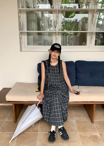 チェック柄ノースリーブロングワンピース商品画像