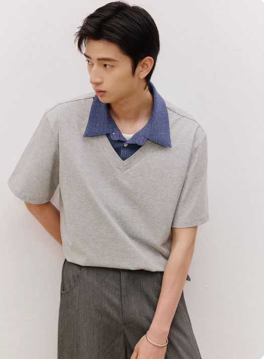 レイヤード風半袖ポロシャツ × ワイドスラックコーディネート例