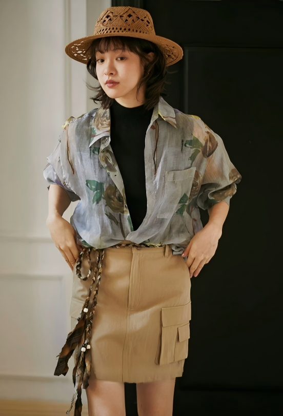 水彩アートプリントシアーシャツ商品画像